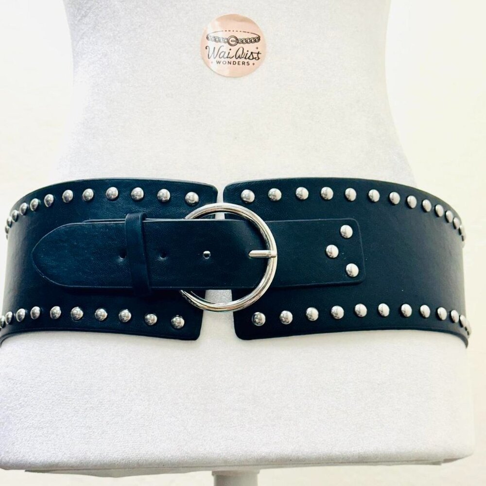Y2k 2000s style Black leather studded belt with silver accents